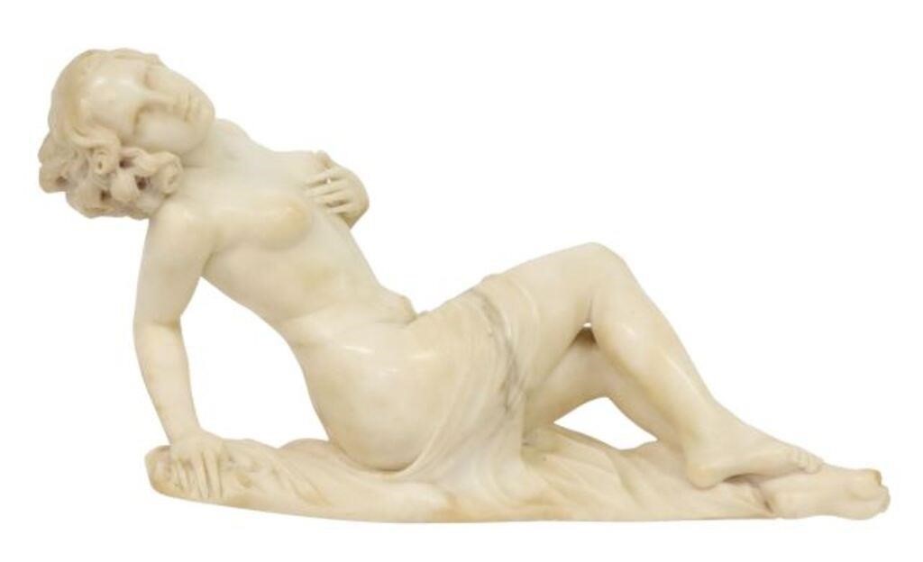 Appraisal: Alabaster sculpture depicting a partially nude woman in a semi-reclining