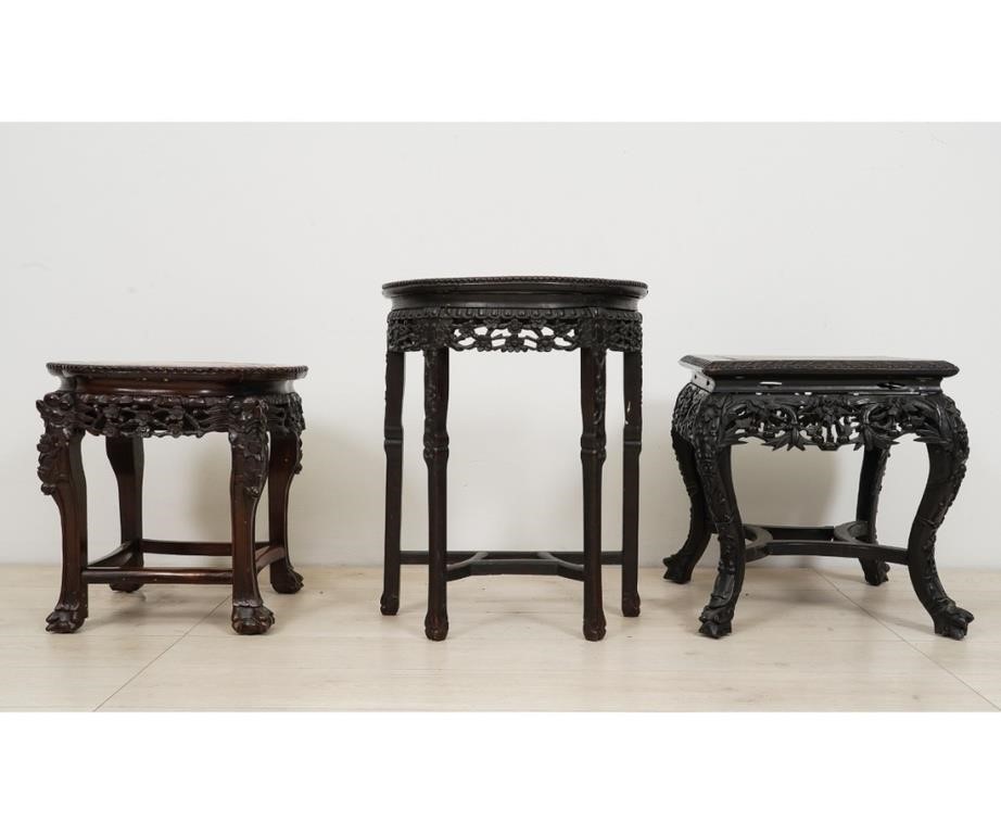 Appraisal: Three Asian carved plant stands late th c with marble