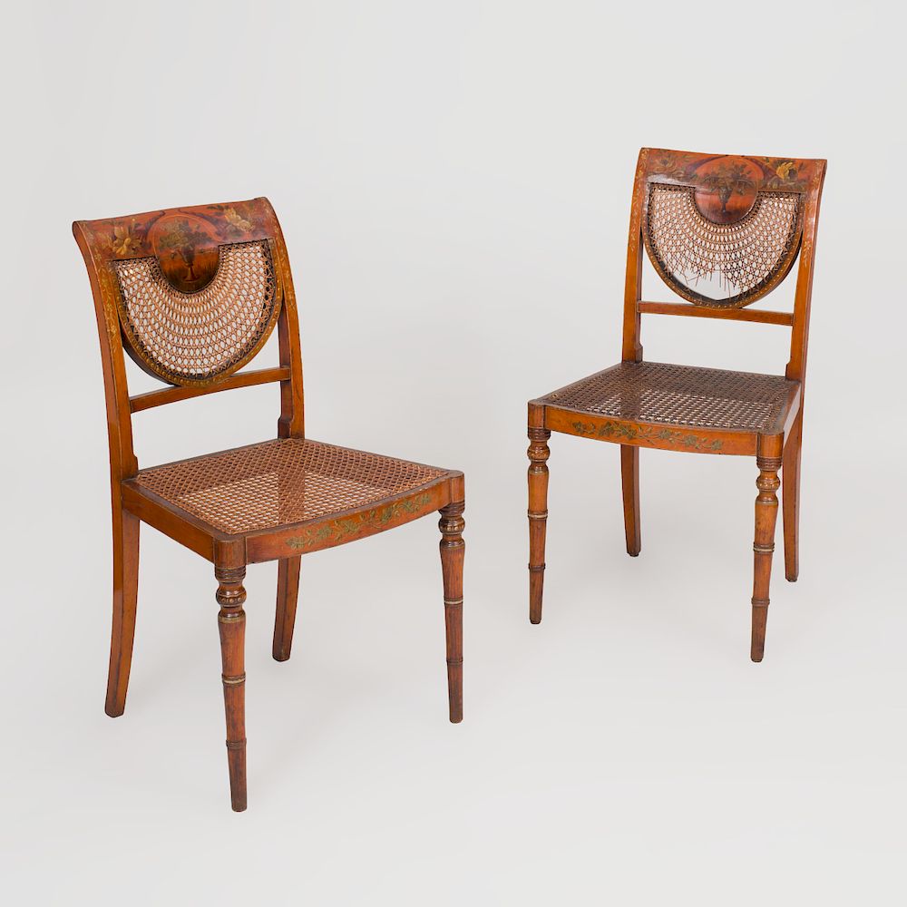 Appraisal: Pair of Edwardian Painted Satinwoood and Caned Side Chairs x