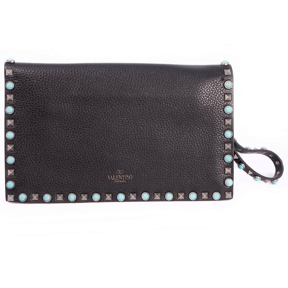 Appraisal: Valentino Black Leather Rockstud Clutch Bag interior with compartments and