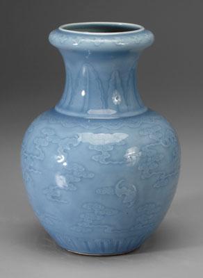 Appraisal: Chinese sky blue vase molded bats among clouds base with