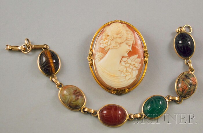 Appraisal: Two Jewelry Items a kt gold and hardstone scarab bracelet