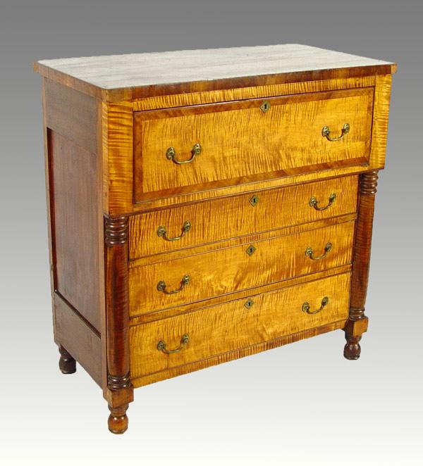 Appraisal: EMPIRE TIGER MAPLE CHEST CA Massive chest with large banded