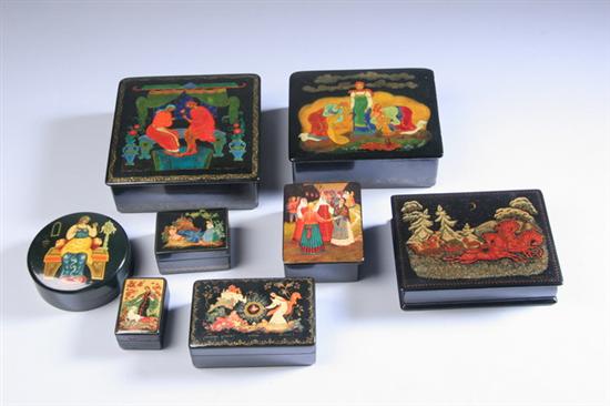 Appraisal: EIGHT RUSSIAN LACQUER BOXES Of various shapes and sizes each