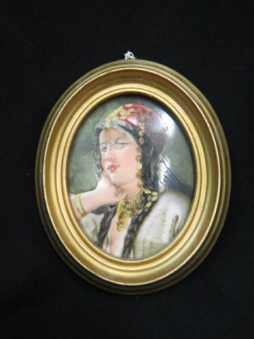 Appraisal: Miniature Painting on Porcelain of a Gypsy Lady oval image