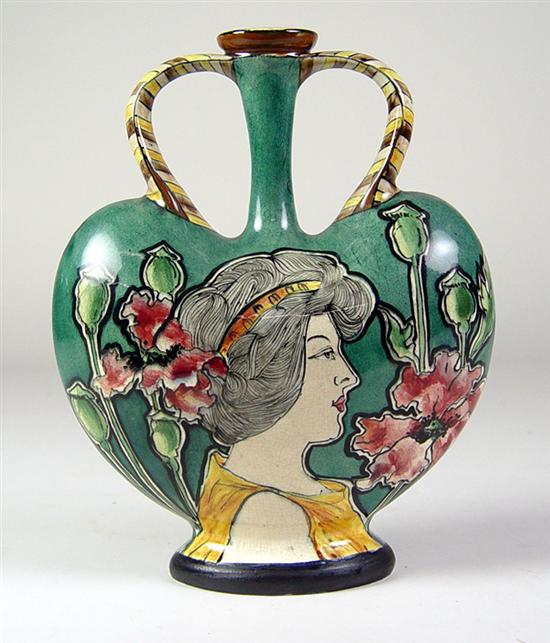 Appraisal: Royal Bonn Vase Heart-shaped handled vase with profile portrait of