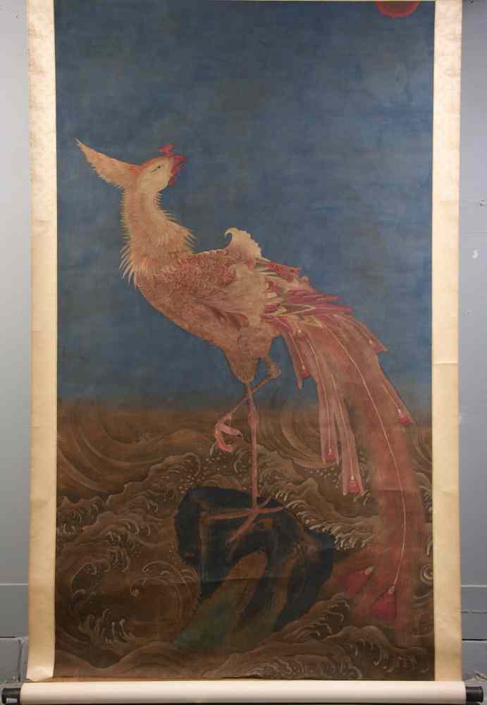 Appraisal: JAPANESE PAINTED SCROLL - Phoenix Rising from Ocean very early