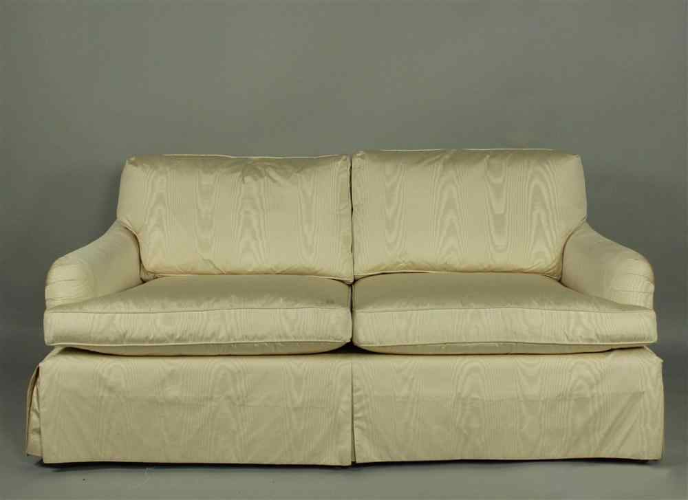 Appraisal: BAKER MOIRE UPHOLSTERED SOFA h w d in