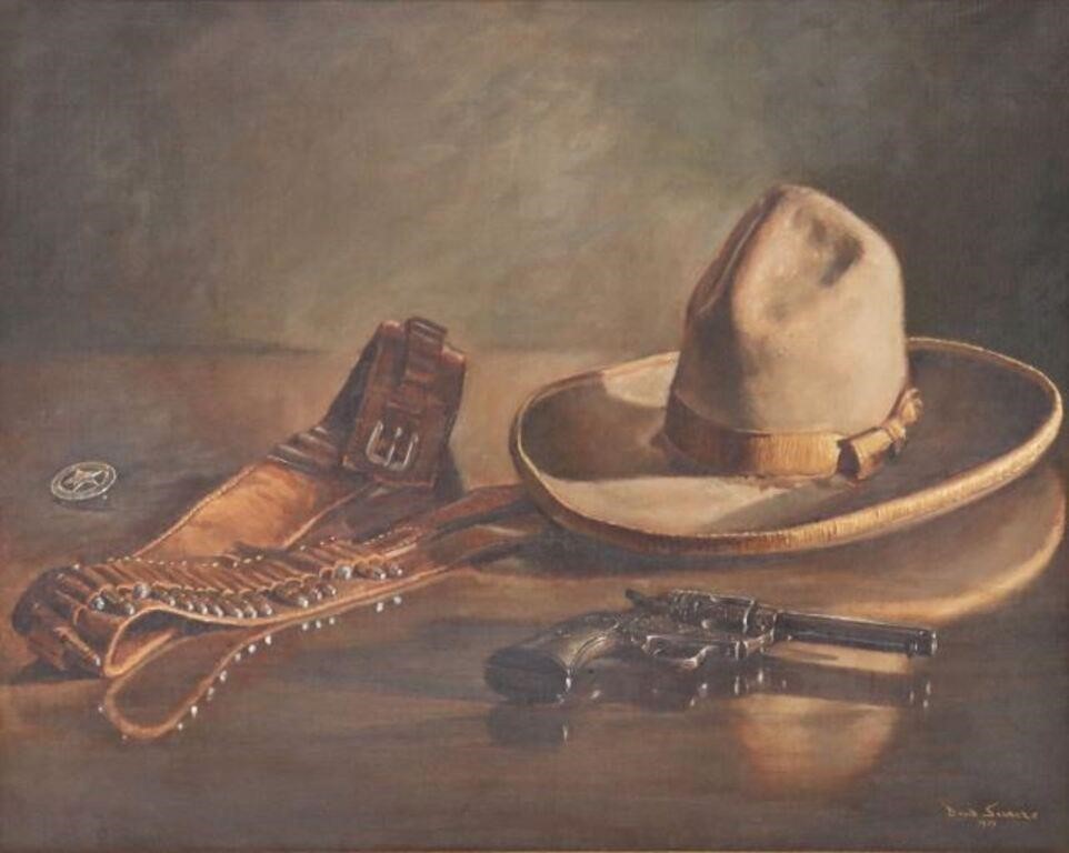 Appraisal: Framed oil on canvas painting A Sheriff's Tools signed lower