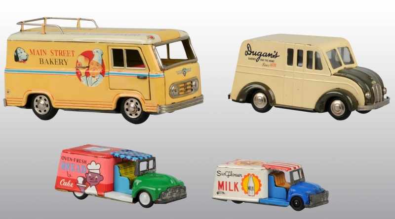 Appraisal: Lot of Tin Litho Food Truck Friction Toys Description Japanese