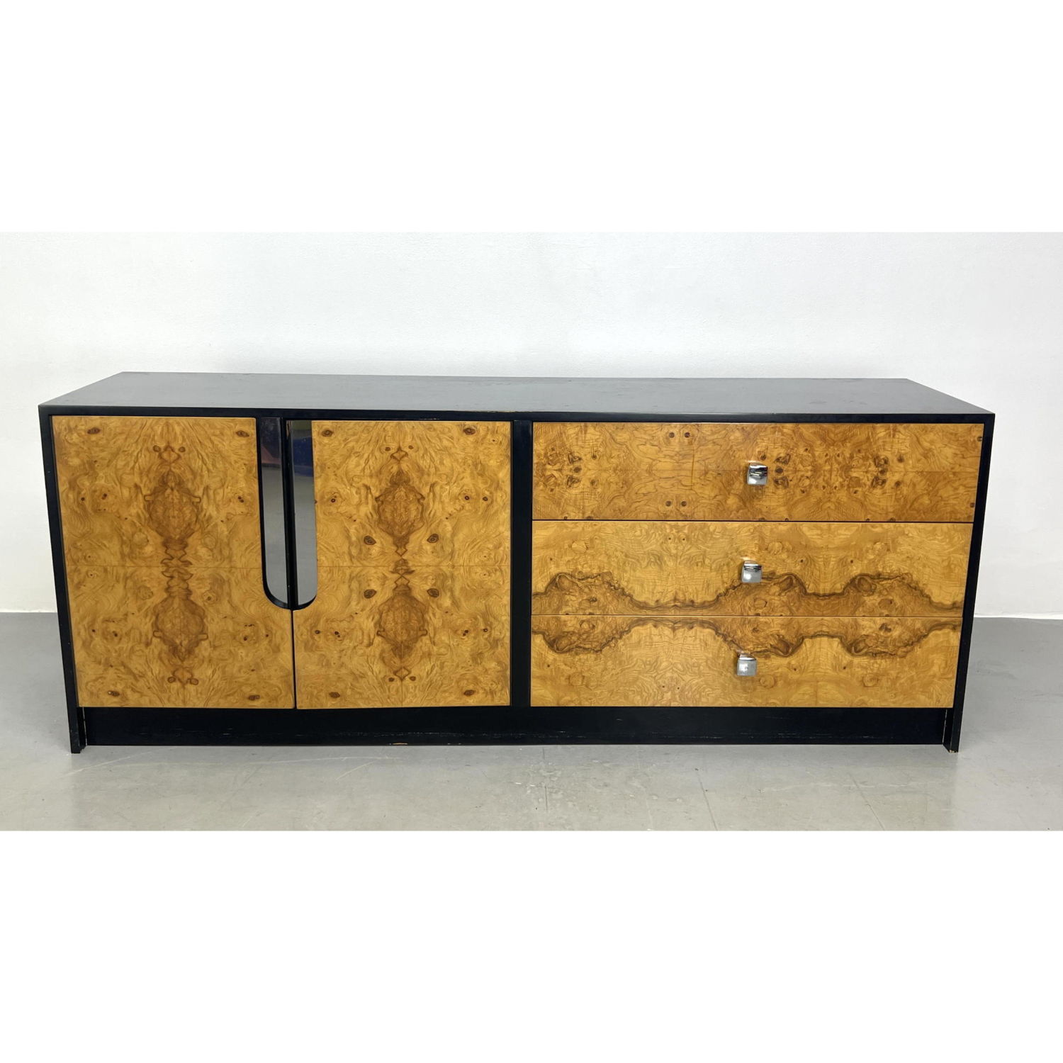 Appraisal: Milo Baughman style Burl Wood Cabinet Credenza Ebonized Case One