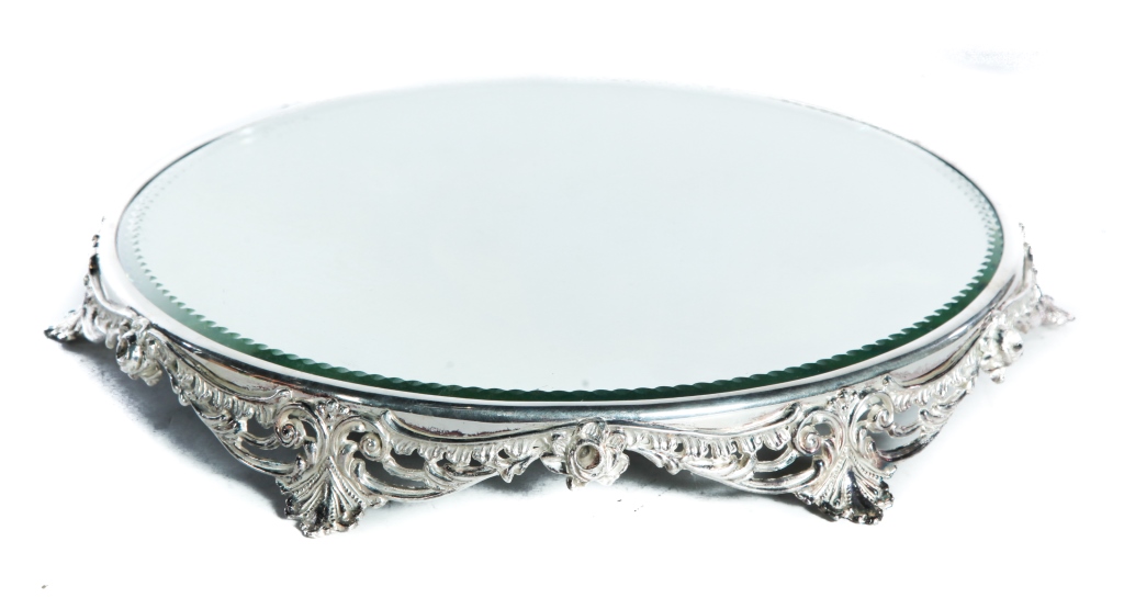 Appraisal: SILVERPLATED MIRROR PLATEAU American ca Reticulated floral frame with beveled