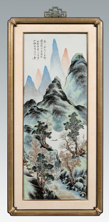 Appraisal: Chinese porcelain panel mountainous landscape with four vertical rows of