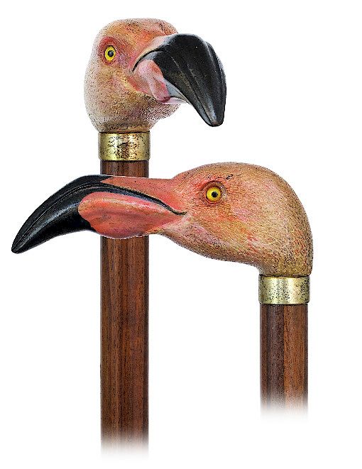 Appraisal: Pink Flamingo Head Cane -Ca -Fruitwood handle carved and highlighted