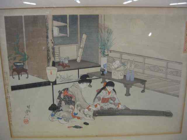 Appraisal: Japanese Woodblock Print mother and daughter with musical instrument signed