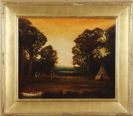 Appraisal: Indian encampment scene with figures teepee and canoe oil on