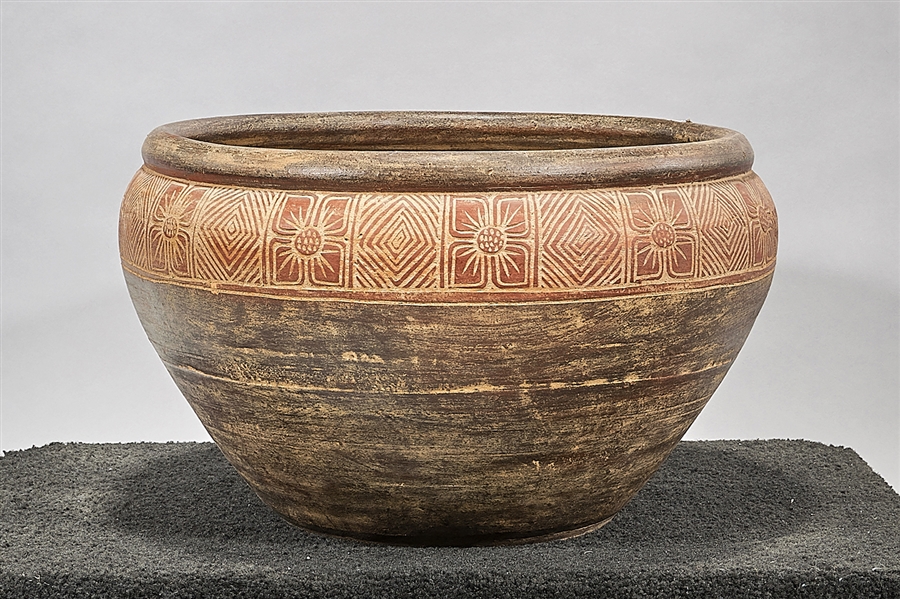 Appraisal: Chinese glazed pottery jardiniere brown glaze with red geometric pattern