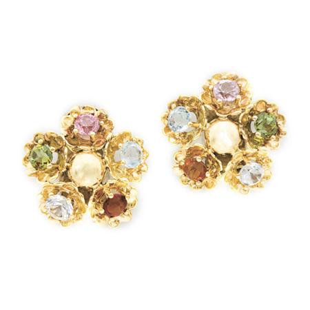 Appraisal: Pair of Gold and Colored Stone Flower Earclips Estimate -