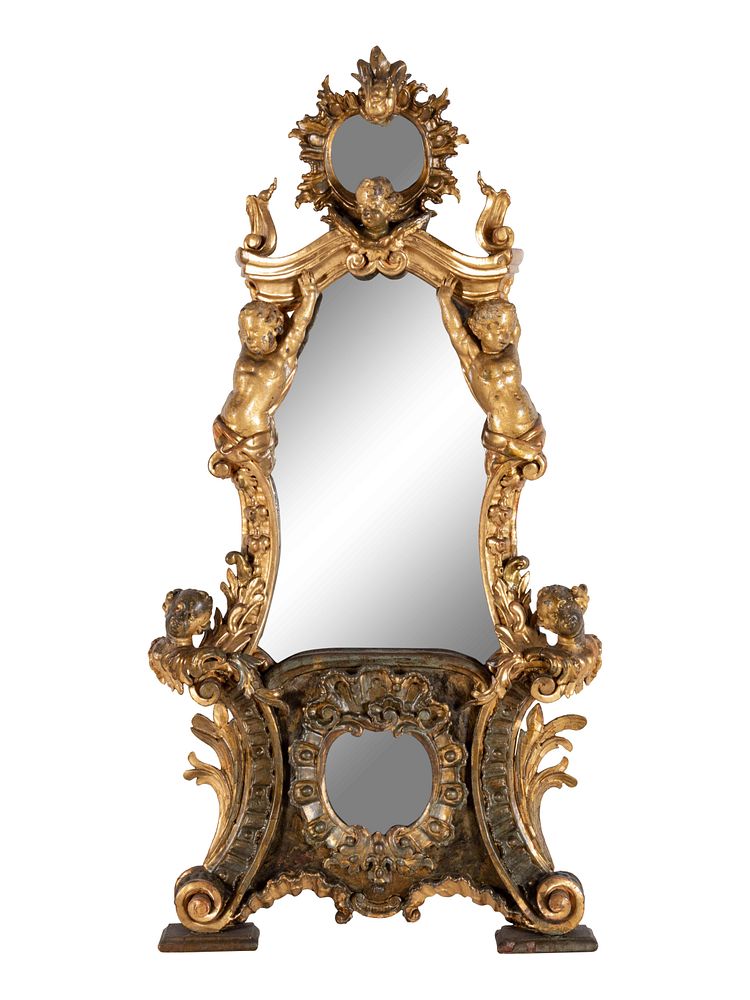 Appraisal: An Italian Rococo Figural Carved Giltwood Mirror An Italian Rococo