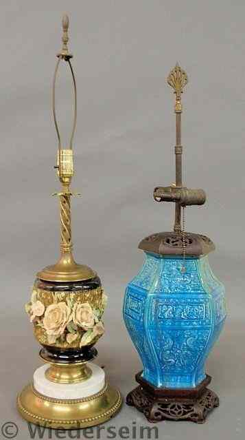 Appraisal: Two table lamps majolica type h to top of finial