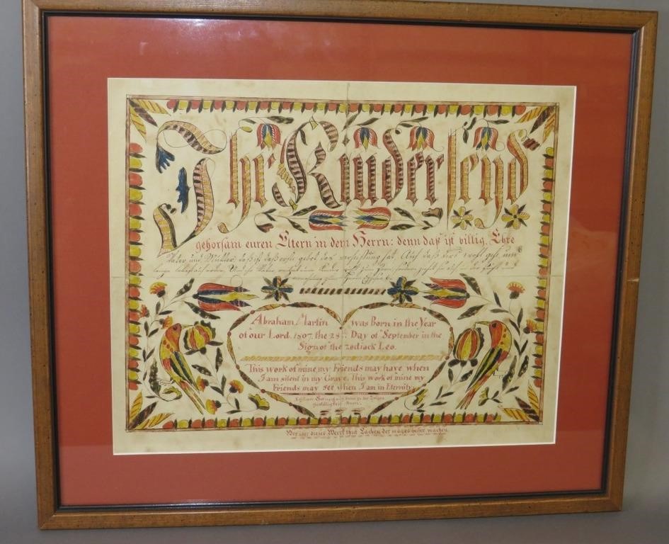 Appraisal: FRAMED MATTED FRAKTUR BIRTH RECORD FOR ABRAHAM Mca Sept birth