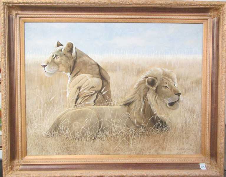 Appraisal: LARGE WILDLIFE PAINTING lion and lioness original oil on canvas