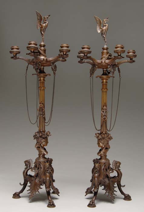 Appraisal: OUTSTANDING PAIR OF BRONZE TABLE CANDELABRAS Central reeded shaft with