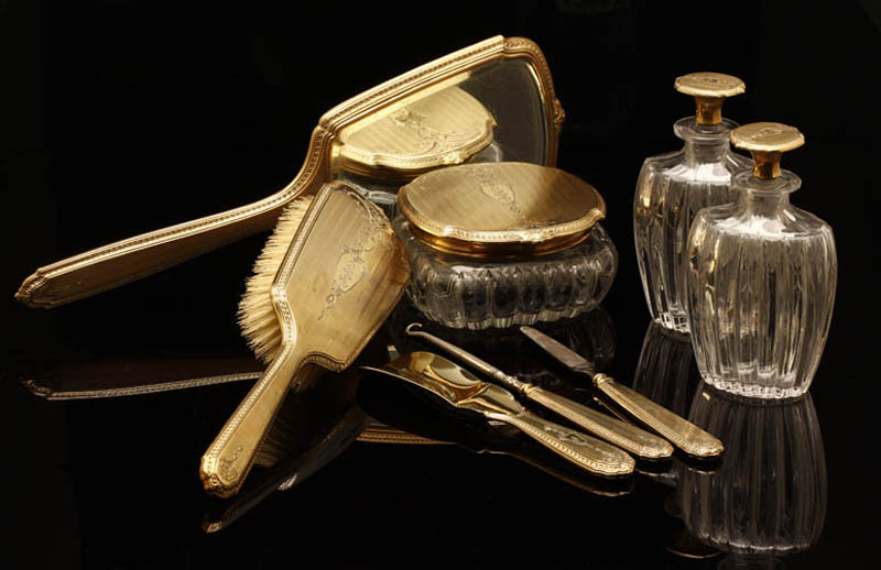 Appraisal: A McChesney K gold etched glass vanity set A McChesney