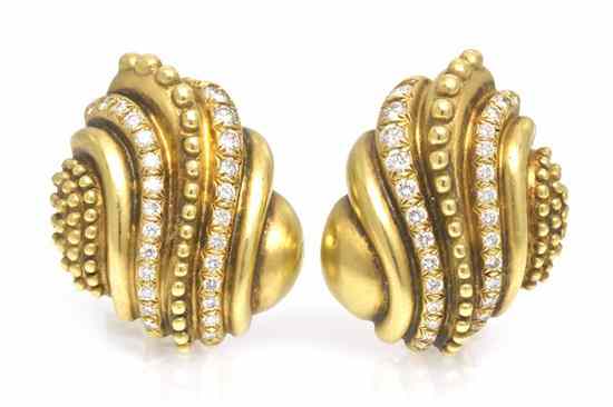 Appraisal: A Pair of Karat Yellow Gold and Diamond Textured Swirl