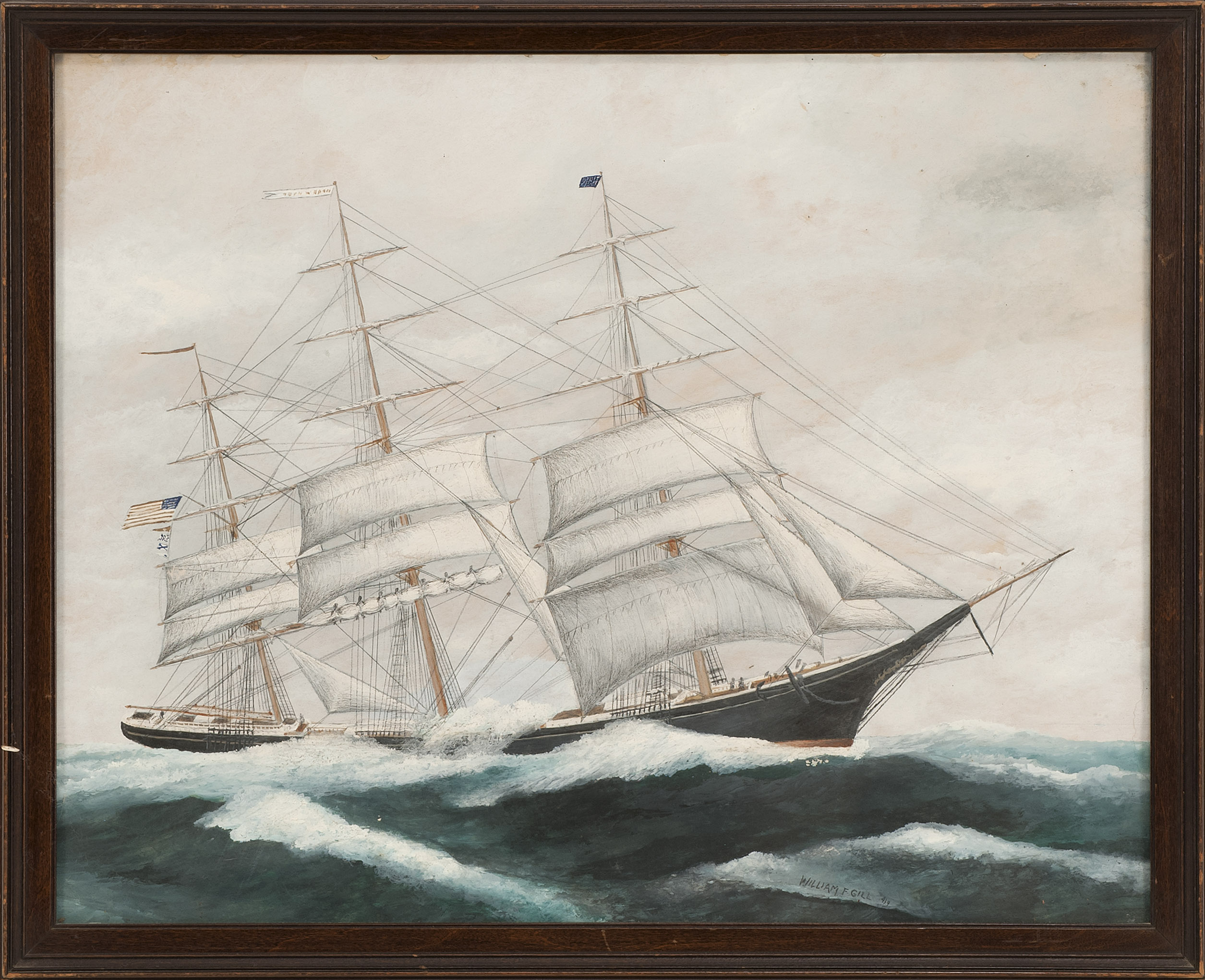 Appraisal: FRAMED WATERCOLOR GOUACHE UNTRACED ARTIST An American flag clipper ship