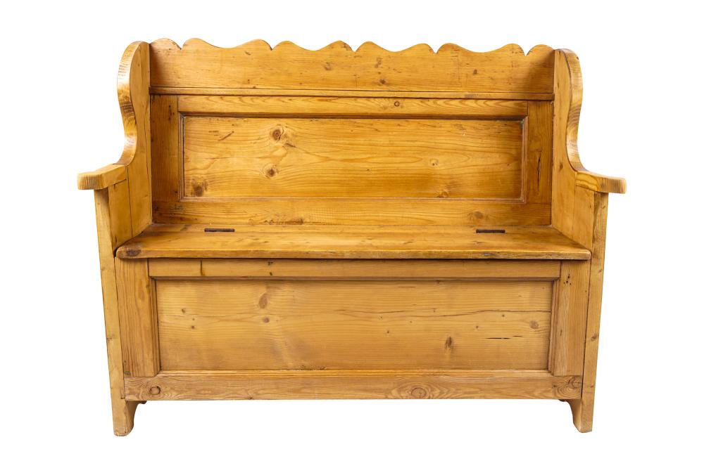 Appraisal: PINE SETTLE BENCHthe hinged seat opening to a storage compartment