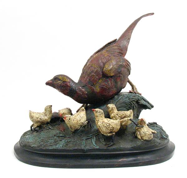 Appraisal: A cold painted bronze group of pheasants and chicks height