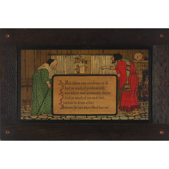 Appraisal: Arts and Crafts print colorful interior scene with figures and