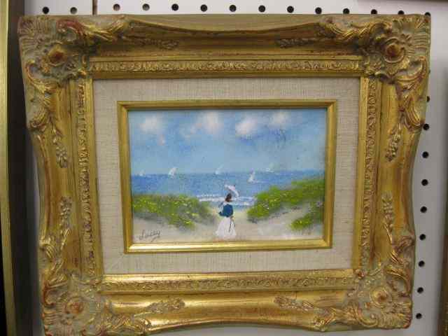 Appraisal: Enameled Copper Plaque of Lady at the Beach signed Lucey