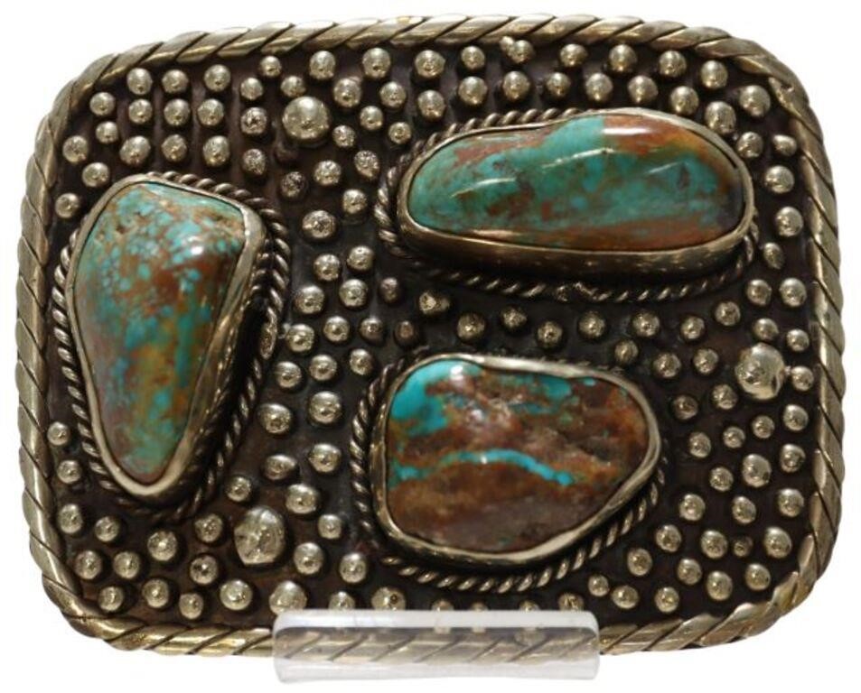 Appraisal: Large Southwest silverplate belt buckle Paige Wallace with three bezel-set