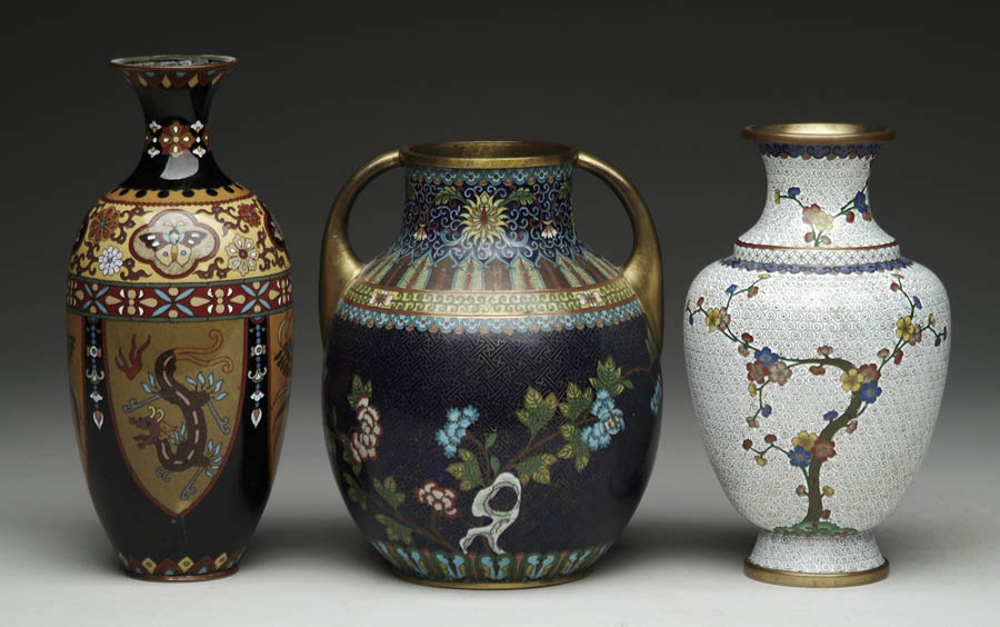 Appraisal: THREE CLOISONN VASES slender vase has black background with four