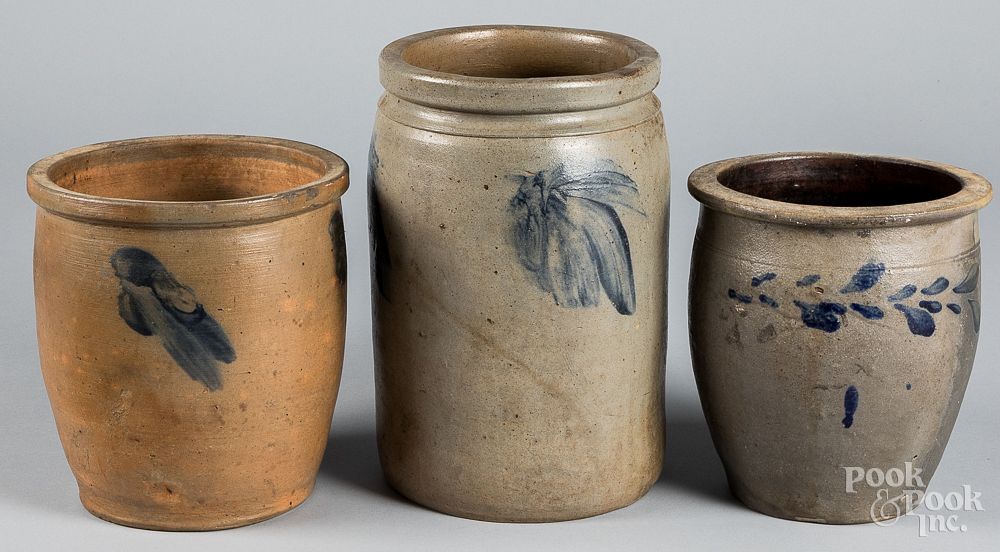 Appraisal: Three Mid-Atlantic stoneware crocks th c Three Mid-Atlantic stoneware crocks