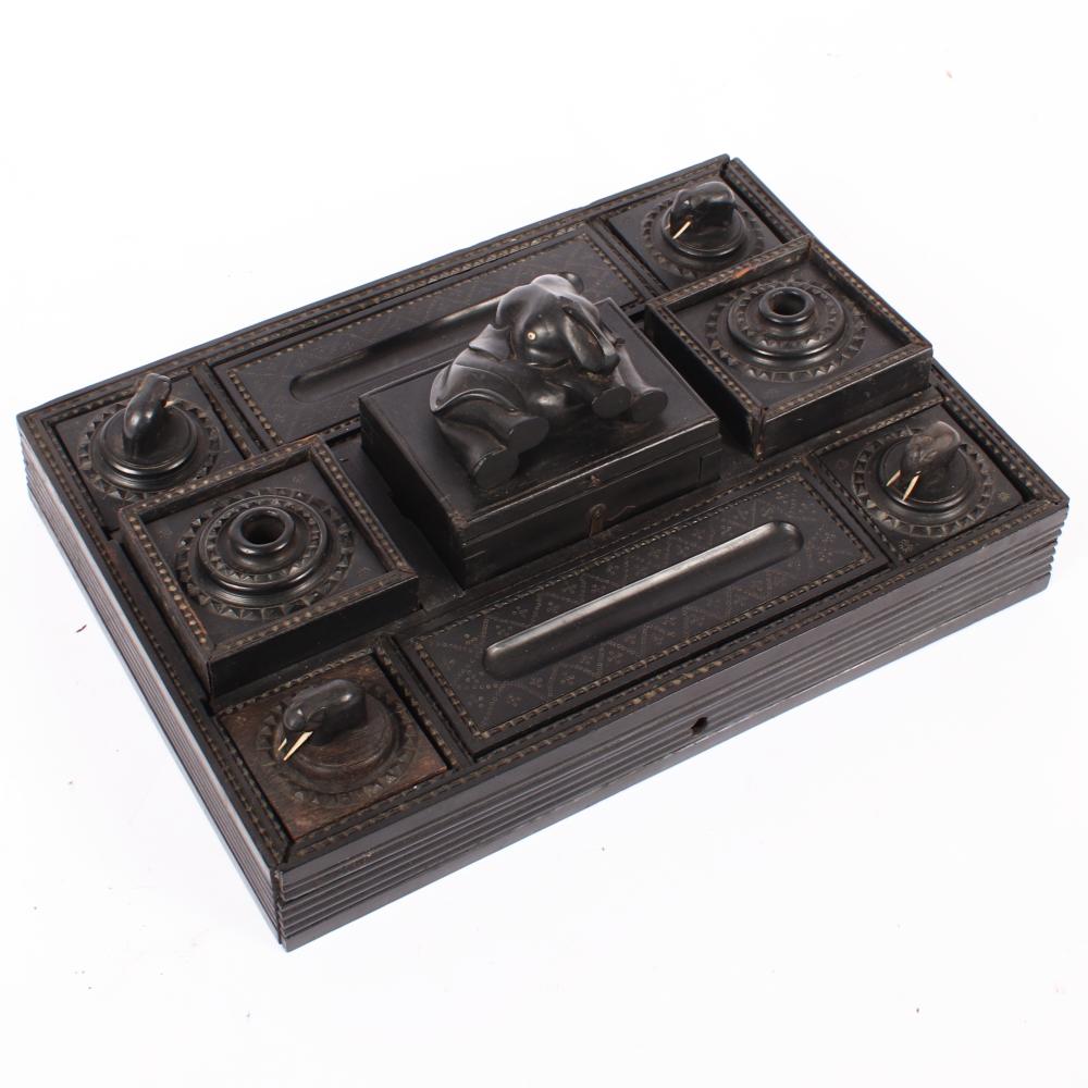 Appraisal: ANTIQUE ANGLO-INDIAN CARVED EBONY FIGURAL ELEPHANT INKWELL DESK SET H