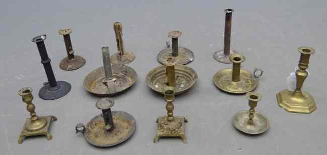 Appraisal: Lot various early candlesticks including hogscrapers One as found