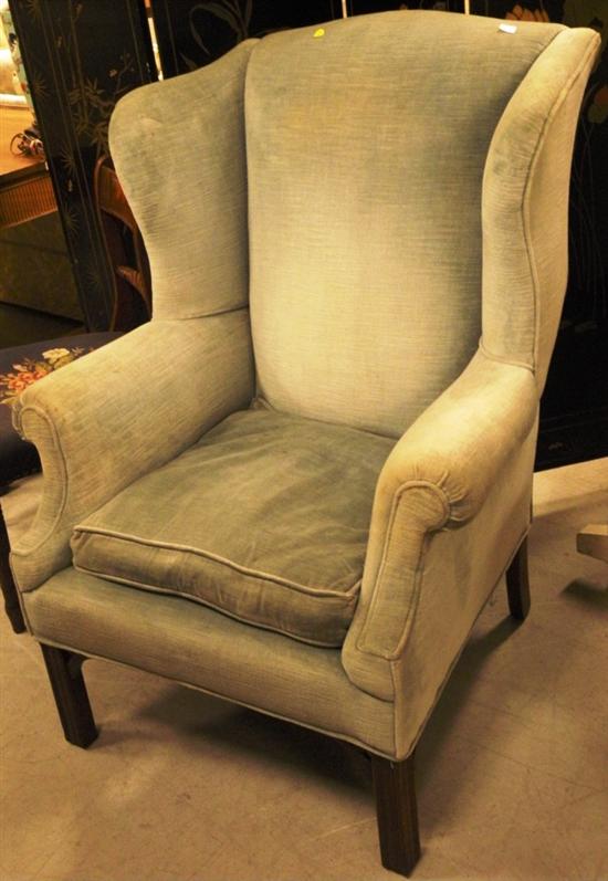 Appraisal: Chippendale style wing chair blue velvet upholstery marlborough legs upholstery