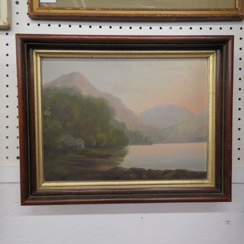 Appraisal: th Century Oil Painting of a House Alongthe lakeshore mountains