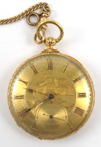 Appraisal: AN EIGHTEEN KARAT GOLD OPEN-FACED POCKET WATCH WITH GOLD CHAIN