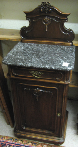 Appraisal: MARBLE-TOP WALNUT BEDSIDE CABINET Continental late th century The square