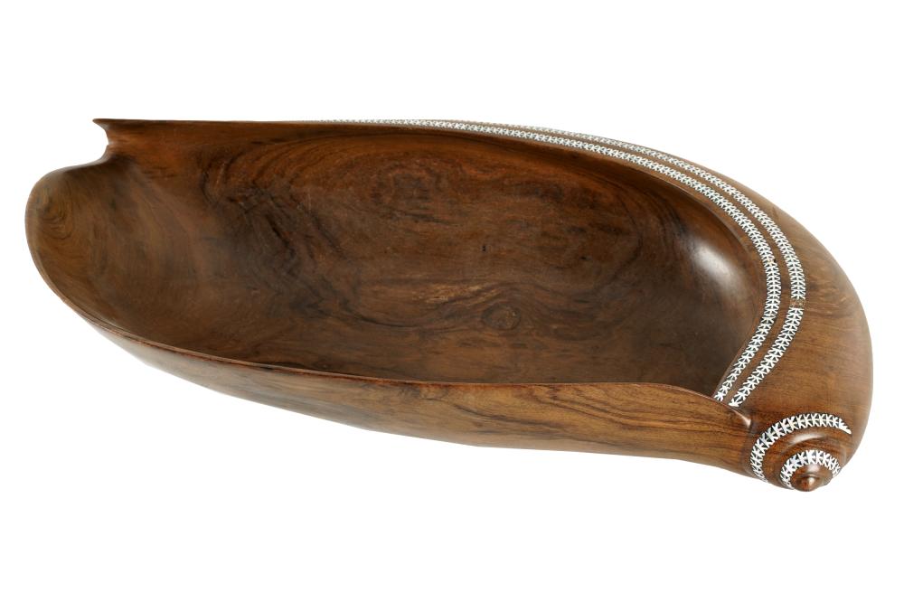 Appraisal: HAWAIIAN SHELL-INLAID HARDWOOD BOWLin the form of a nautilus inches