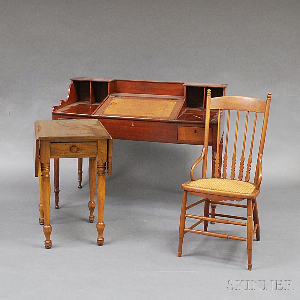 Appraisal: Country Writing Desk Drop-leaf Table and Chair the pine desk