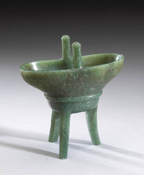 Appraisal: A 'spinach' jade archaistic cup Qianlong Mark th Century Carved