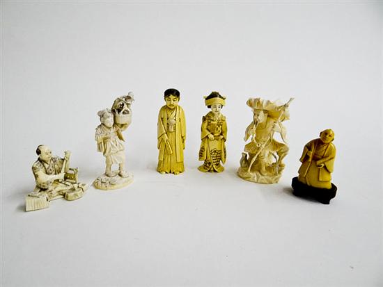 Appraisal: SIX IVORY CARVINGS Japan st half- th century Fisherman woman