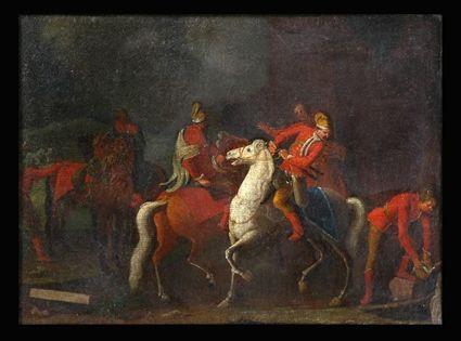 Appraisal: EUROPEAN SCHOOL CALVARY SKIRMISH Oil on canvas x in