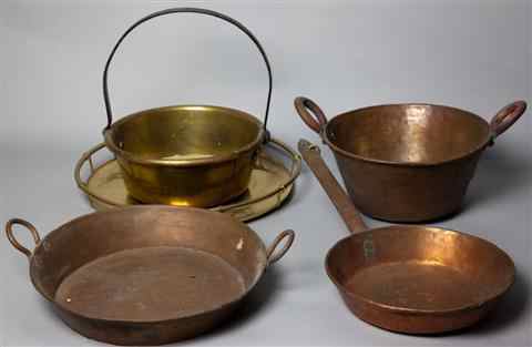 Appraisal: THREE COPPER AND TWO BRASS PIECES including a copper two-handled