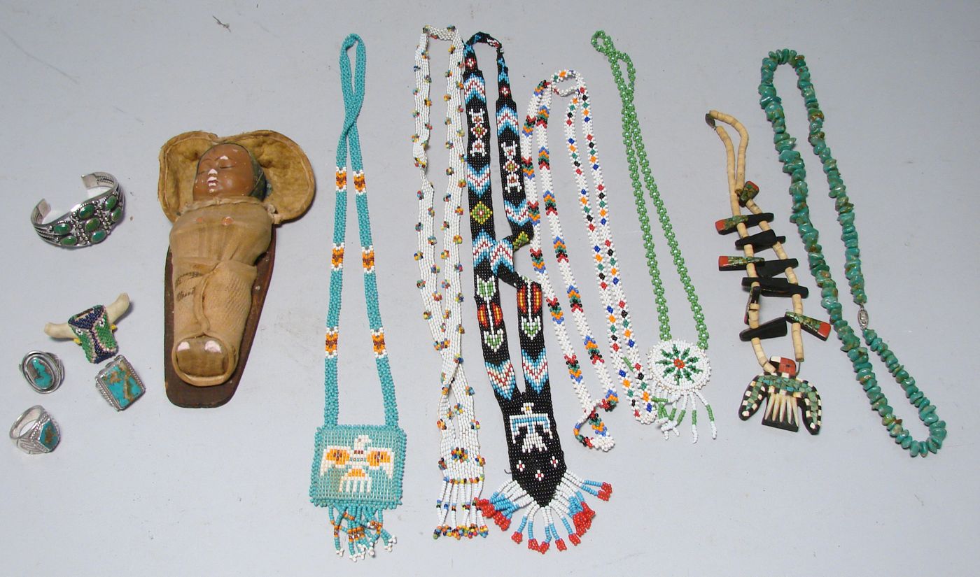 Appraisal: ASSORTED NATIVE AMERICAN JEWELRY AND OTHER ITEMS Three turquoise-mounted silver